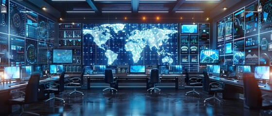 Modern Office Control Room with Global Internet Network Displays