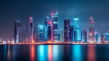 Fototapeta premium A modern city skyline at night, with bright, futuristic skyscrapers. This image is perfect for showcasing cutting-edge technology.