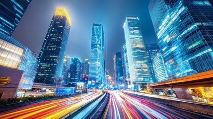 A modern city skyline at night, with bright, futuristic skyscrapers. This image is perfect for showcasing cutting-edge technology.