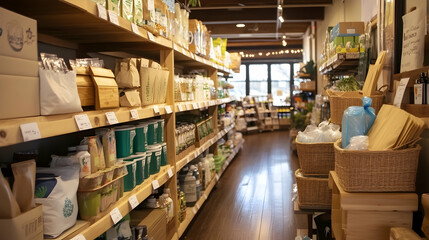 Fototapeta premium Eco-Friendly Packaging Aisle: Inspiring Sustainable Choices in Grocery Store