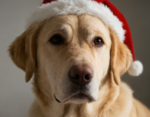 Cute serious Christmas dog in red Santa hat sits on Christmas tree background. Christmas or New Year card with labrador dog. Labrador