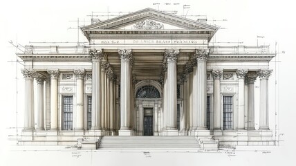 Obraz premium Architectural drawing of a grand neoclassical building facade.