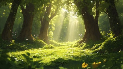 Obraz premium A calm forest bathed in sunlight, with thick green plants growing on the ground. A peaceful scene of woodland.