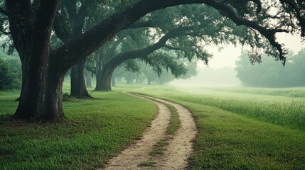 A serene, misty path curves through towering oaks, inviting exploration in this mystical, tree-lined landscape.