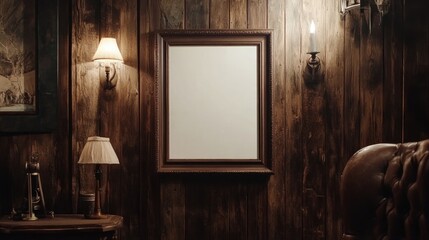 Rustic Wooden Interior with Empty Picture Frame and Warm Lighting Ambiance