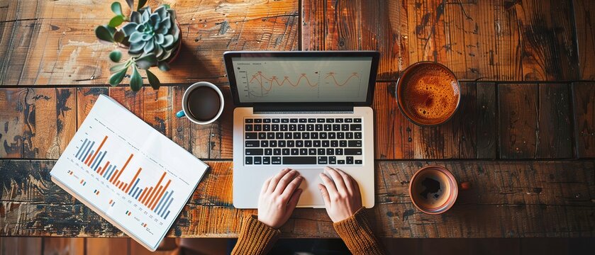 Person reviewing investment options on a laptop surrounded by financial reports, charts and a cup of coffee