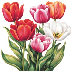 Naklejka premium A vibrant bouquet of tulips in various colors, featuring reds, pinks, and whites, surrounded by lush green leaves.