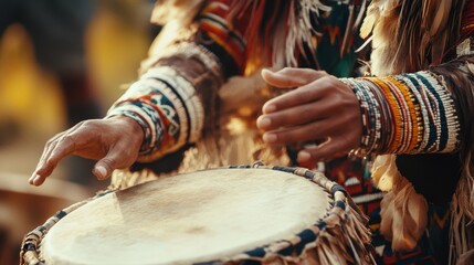 A close-up of hands playing a traditional drum, adorned with vibrant ethnic patterns, capturing the energy and rhythm of cultural expression.