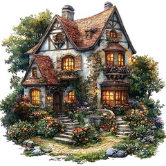 Naklejka premium Charming Stone Cottage with a Cozy Garden.