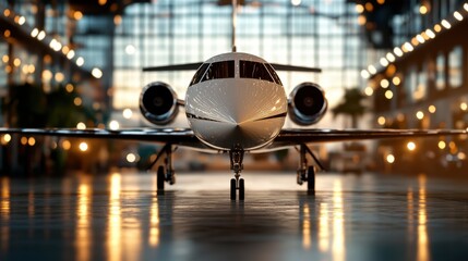 A luxurious private jet stands majestically in a hangar, bathed in the brilliant and serene light of an early morning sunrise, reflecting elegance and opulence.