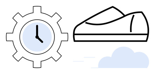 Gear with a clock hand, an outlined shoe, and a cloud shape. Ideal for time management, productivity, technology, fitness, cloud computing, travel, efficiency. Line metaphor