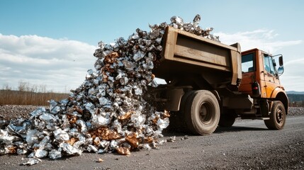 Obraz premium A heavy-duty truck is shown tipping a load of reflective metallic materials onto an open roadway under a blue sky, emphasizing industrial efficiency and power.