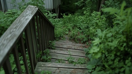 An overgrown path with rustic wooden steps descends into dense foliage, inviting explorers into the heart of a verdant, untamed wilderness.