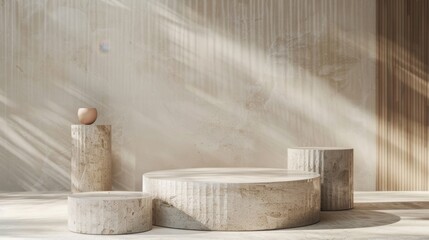 Minimalist Product Display: A serene, minimalist backdrop for showcasing products with textured wooden podiums, bathed in soft, natural light. The warm.