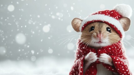 An adorable mouse dressed in a red scarf and Santa hat stands against a snowy backdrop, embodying warmth and cuteness amidst a serene winter landscape.