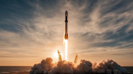A majestic rocket soars vertically against a backdrop of vibrant sunset hues, showcasing a breathtaking scene of exploration and aspiration above billowing clouds.