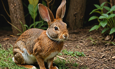 A brown rabbit sits on the ground in a forest, looking to the right