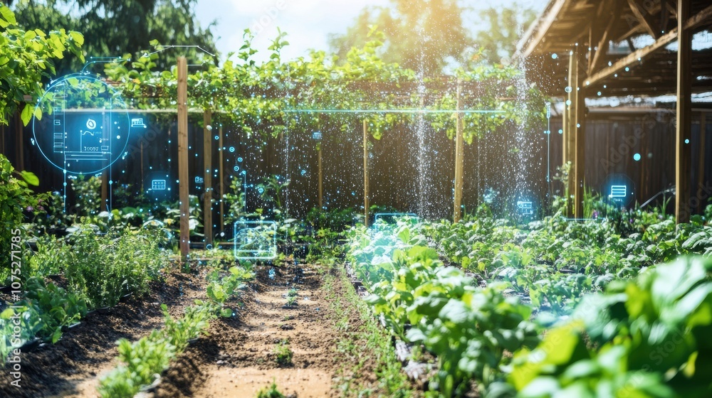 Poster This lush garden features automated sprinklers and soil sensors, creating an efficient irrigation system filled with thriving plants. Generative AI