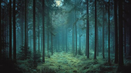 Fototapeta premium Dense evergreen forest enveloped in ethereal mist, conveying an enchanting and mysterious woodland atmosphere.