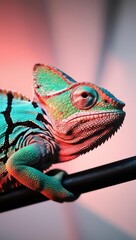 Obraz premium Colorful Chameleon Perched on a Branch Against a Vibrant Background in an Indoor Setting