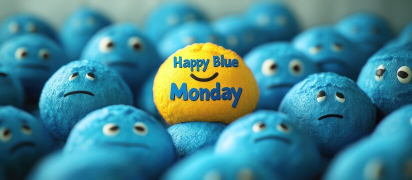 A single yellow ball with the text "Happy Blue Monday" stands out from a group of blue balls with sad faces.