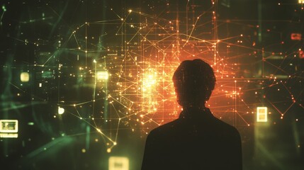 A silhouette stands before a digital interface, networks of light and data intertwining, conveying a sense of technological wonder and possibility.