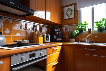 A soft watercolor painting of a rustic kitchen with wooden accents, showing warmth and inviting charm