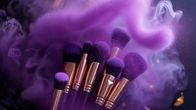 Explore the art of makeup with vibrant purple brushes surrounded by swirling mist and gold accents in a creative workspace