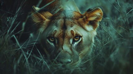 A lioness peers intensely through grass, embodying stealth and focus in the wild.