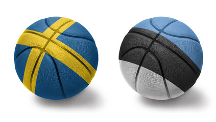 Obraz premium basketball balls with the national flags of estonia and sweden on the white background.