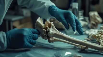 Gloves expertly handle a human femur in a lab, emphasizing the meticulous care and scientific inquiry involved in skeletal research and forensic anthropology.