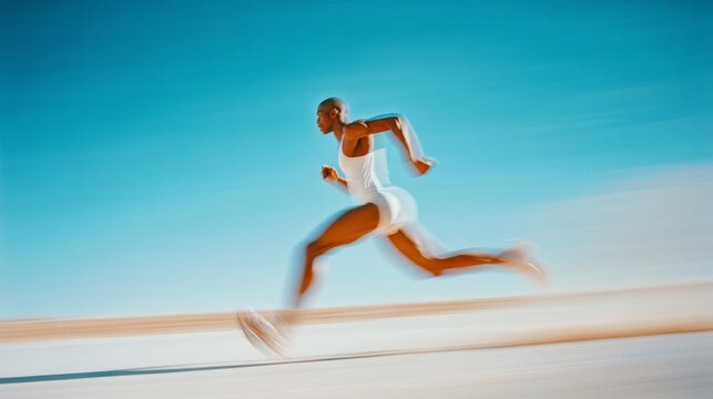 A blur of motion captures a runner sprinting under a vibrant blue sky, epitomizing speed, determination, and athletic prowess.
