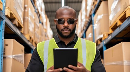Warehouse worker using tablet, wearing safety vest and sunglasses, surrounded by boxes in storage facility.