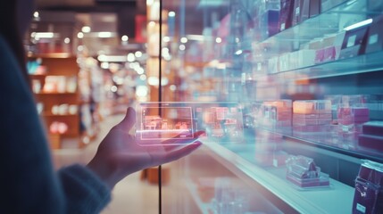 A futuristic hand-held device displays a holographic projection amidst a vibrant retail environment, merging digital and physical worlds.