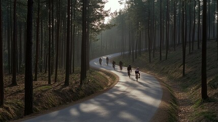 Fototapeta premium A line of cyclists climbs a winding tree-lined road, illuminated by soft sunlight breaking through the dense forest foliage.