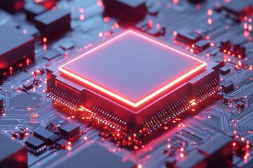 Close-up of a Red Glowing Circuit Board with a Processor Chip - Technology and Innovation