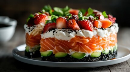 A visually appealing sushi cake featuring layers of salmon and adorned with strawberries, representing a fusion of culinary art and delectable gourmet presentation.