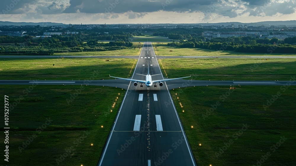 Poster an airport runway with planes taking off and landing, supported by efficient transportation infrastr