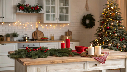 christmas tree with candles.A charming Christmas kitchen scene with an empty wooden table in the foreground, decorated with festive details, and a twinkling Christmas tree in the background. The setti