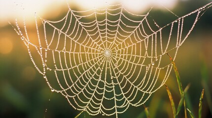 An intricate spider web glistening with dewdrops in the morning sun captures nature's delicate artistry.