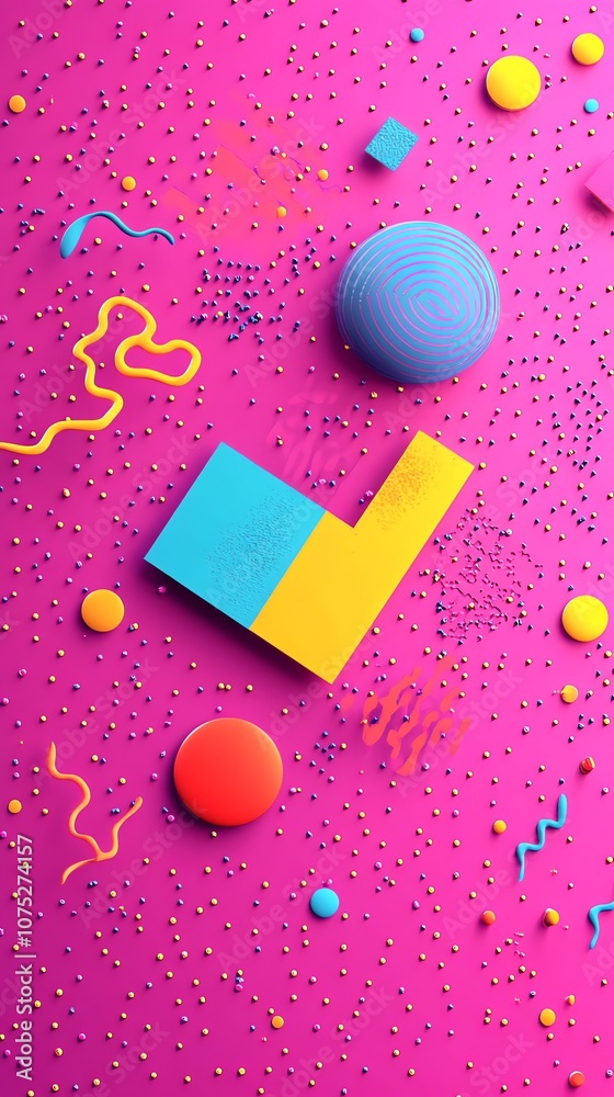 Poster Abstract geometric shapes in a vibrant color scheme with a pink background.