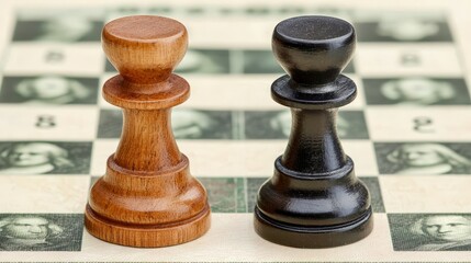 Fototapeta premium Chess pieces in contrasting colors await the next strategic symbolizing cost of capital vs. interest rate, strategic risk management