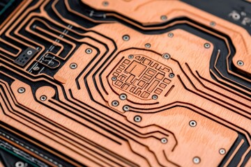 Close-up of a printed circuit board with intricate copper traces and patterns on a dark background.