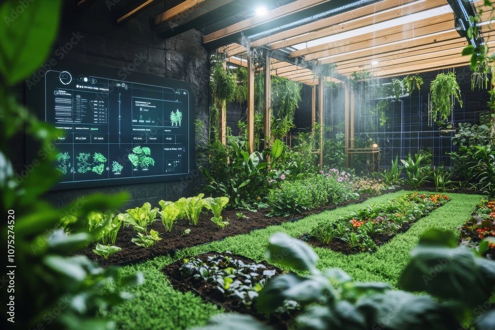 Poster the smart garden showcases lush greenery with automated watering and soil monitoring technology ensu