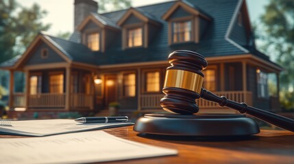 A gavel rests on a table with legal documents in front of a house, symbolizing a property auction or foreclosure.