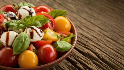 A vibrant salad featuring fresh mozzarella, colorful cherry tomatoes, and basil, drizzled with balsamic glaze on a rustic wooden table.