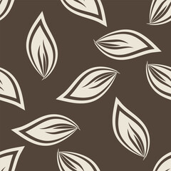 Monoprint style scattered leaves seamless vector pattern background. Simple lino cut effect painterly leaf foliage on dark brown backdrop. Hand drawn design. Minimal repeat for business, print