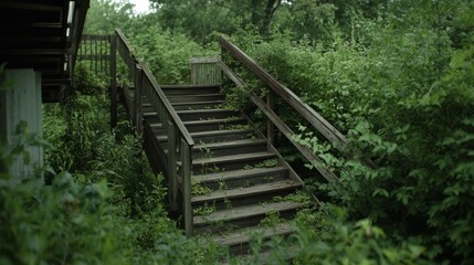 Wooden steps, partially engulfed by lush green foliage, lead into a dense forest, suggesting a path of mystery and exploration nature has to offer.