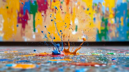 Dynamic splashes of blue and orange paint burst upon a surface against a colorful wall, capturing...