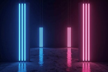 Futuristic Neon Corridor with Blue and Pink Lights Reflecting on a Sleek Floor in a Sci-Fi Tunnel